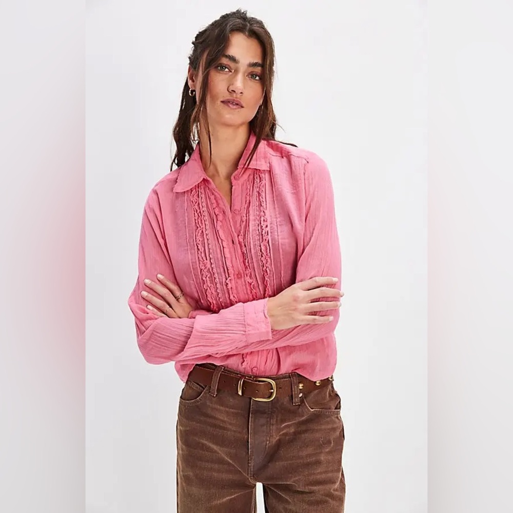 New Free People FP One Confetti Pink Drew Tuxedo Button Down Shirt Top Blouse S